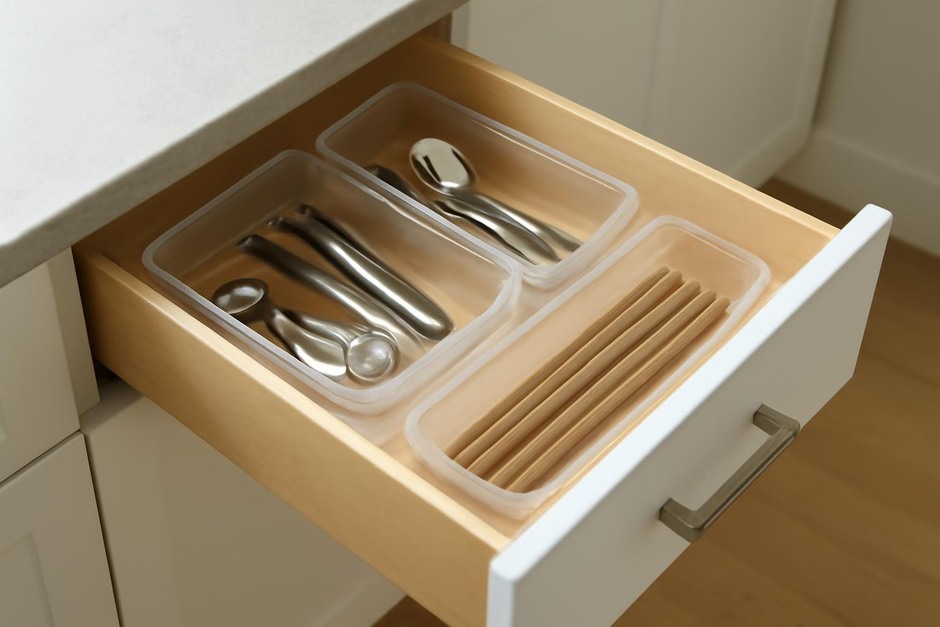 An open kitchen drawer with small containers organizing utensils and tools