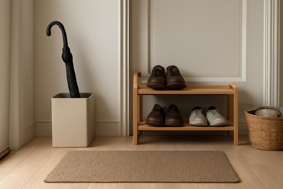 A tidy entryway with a mat, umbrella stand, and organized shoes